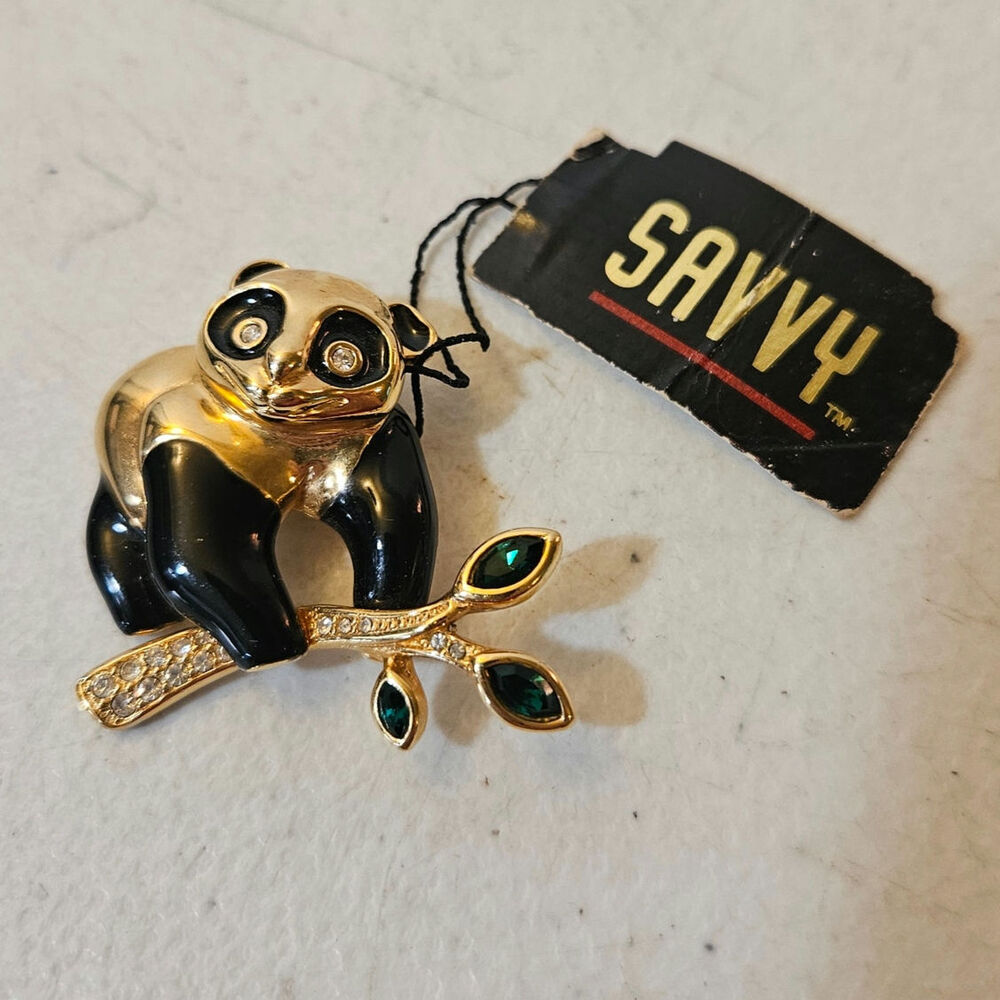 Vintage Savvy Panda Bear Brooch NOS Gold Tone Enamel Rhinestone Pin with tag